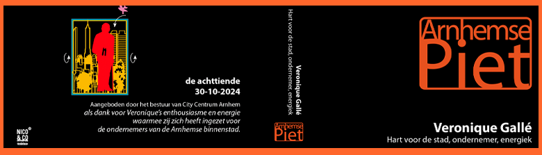 Aangeboden door het bestuur van City Centrum Arnhem als dank voor Veronique’s enthousiasme en energie waarmee zij zich heeft ingezet voor de ondernemers van de Arnhemse binnenstad.